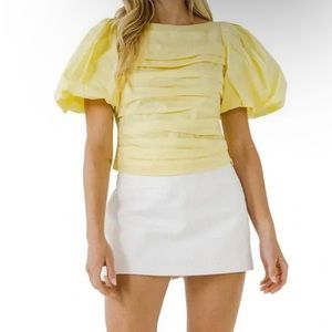 NWT Women's Ruched Puff Sleeve Top In Citron